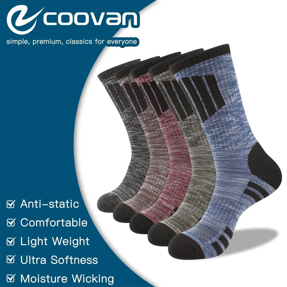 COOVAN Men's Hiking Crew Socks 5 Pairs Moisture Wicking Cushioned ONE SZ